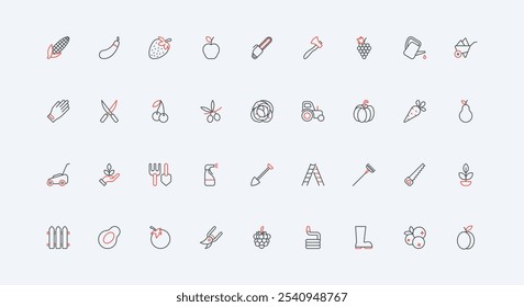 Gardening and farming, harvest, farmer and gardener equipment line icon set. Seedling in soil and garden plant growth, pesticide, lawn mower thin black and red outline symbols vector illustration