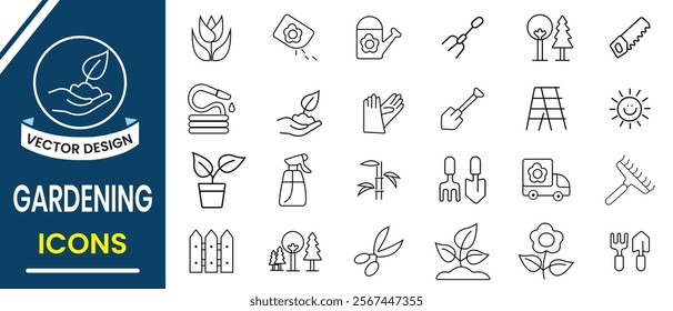 Gardening, Farming icon set. Cultivating, horticultural, plants and farming tool, instrument icon set. Agriculture and gardener line icon, vector set.  Vector illustration.