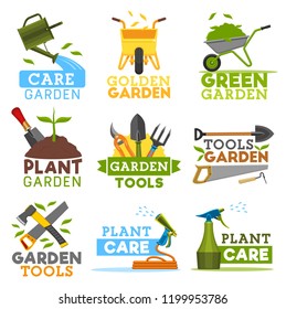 Gardening and farming icons, farmer tools. Vector garden plants, watering can and wheelbarrow with green leaf, spade shovel and rake or saw with hack hoe. Gardener agriculture