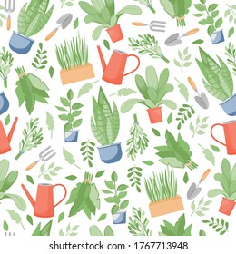 Gardening and farming seamless pattern. Green plants in pots, garden tools, watering can, and leaves vector flat illustration. Ecological, agriculture gardener hobby and garden job backdrop design.