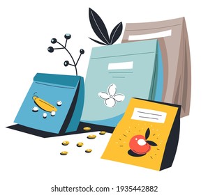 Gardening and farming, seeds for growing plants and flowers. Isolated packages with tomato and blooming flora. Process of growth, saplings and botany. Hobbies and activities. Vector in flat style