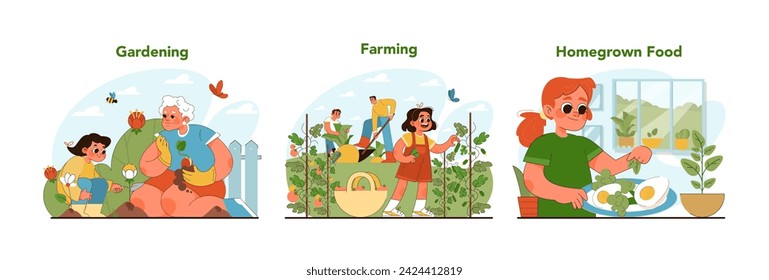 Gardening and farming set. Young boys and girls exploring nature with family members. Joy of gardening with elders, teamwork in farming, and pride of homegrown food. Flat vector illustration