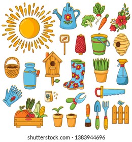 Gardening farming spring cute cartoon doodle icons set