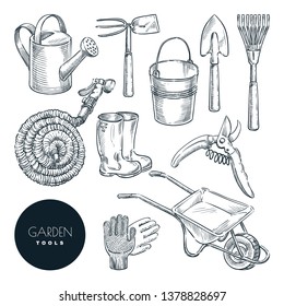 Gardening and farming tools set. Agriculture equipment, vector hand drawn sketch illustration. Garden icons and design elements isolated on white background.