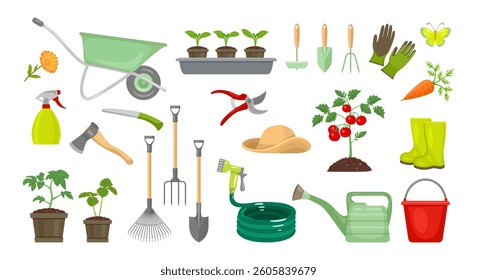 Gardening and farming tools set. Seedlings, plant and work equipment. Vector cartoon flat illustration. 