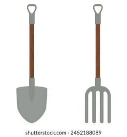 Gardening and farming tools - shovel and pitchfork. Vector illustration on a white background.