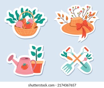 Gardening farming tools stickers isolated concept set. Vector design element cartoon illustration
