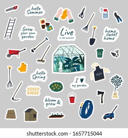 Gardening, farming, urban jungle stickers set. Hand drawn cartoon flat style vector illustrations. Garden work tools. 