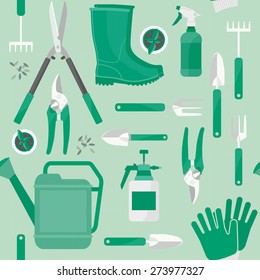 Gardening and farming work tools seamless green pattern