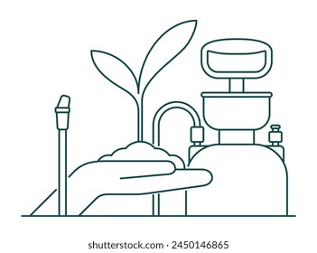 Gardening fertilizer - sprout in hand with garden sprayer. Illustration in thin line svg