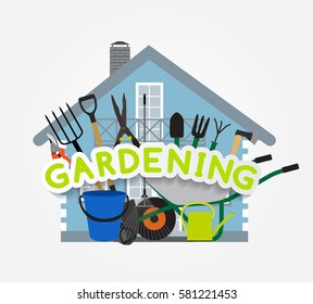 Gardening Flat Background Vector Illustration. Garden Tools, Tree, Fence and Bush on Natural Background. Illustration in Modern Flat Style. EPS10