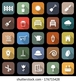 Gardening flat icons with long shadow, stock vector