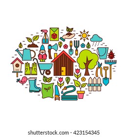 Gardening Flat Outline Design Concept. Vector Illustration of Spring Garden with Line Icons Modern Design.