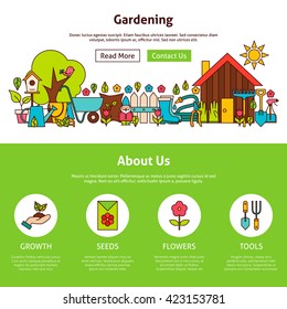 Gardening Flat Outline Web Design Template. Vector Illustration of Website Banner and Landing Page. Spring Garden Header with Line Icons Modern Design.
