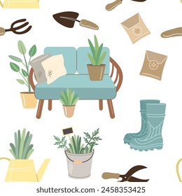 Gardening flat seamless pattern. Illustration of garden elements, shovel, pitchfork, garden shears, plants, watering cans, grass, gardening gloves, rattan sofa, etc.