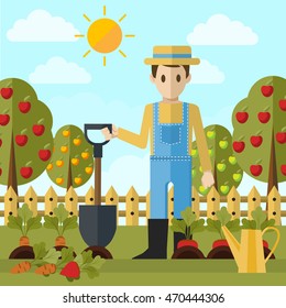 Gardening flat style vector illustration, gardener in uniform with shovel staying in garden, vegetables growing, carrot, beet, apple trees, sunny weather, for posters and covers