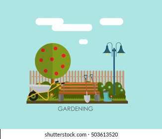 Gardening Flat Vector. Garden Tools, Tree, Fence and Bush on Natural Background. Illustration in Modern Flat Style. EPS10