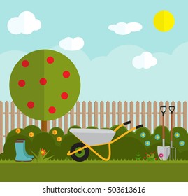 Gardening Flat Vector. Garden Tools, Tree, Fence and Bush on Natural Background. Illustration in Modern Flat Style. EPS10