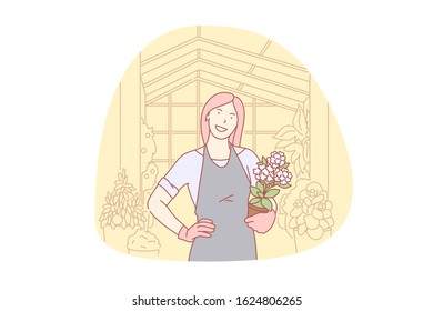 Gardening, floral, organic, business, volunteer concept. Happy woman cultivating greenhouse plants and flowers. Working floral orangery owner. Volunteer planting in organic garden simple flat vector.