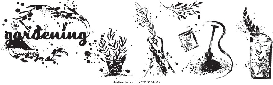 Gardening - Flower and gardening elements - extensive icon collection of outline symbols and vector illustrations. Grasses and plants with hatching and paint splashes. With leaves and organic shapes.