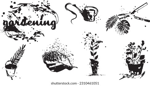 Jardinería - Flores y elementos de jardinería - extensa colección de iconos de símbolos de contorno e ilustraciones vectoriales. Grasas y plantas con eclosión y salpicaduras de pintura. Con hojas y formas orgánicas.