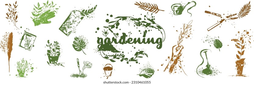 Gardening - Flower and gardening elements - extensive icon collection of outline symbols and vector illustrations. Grasses and plants with hatching and paint splashes. With leaves and organic shapes.