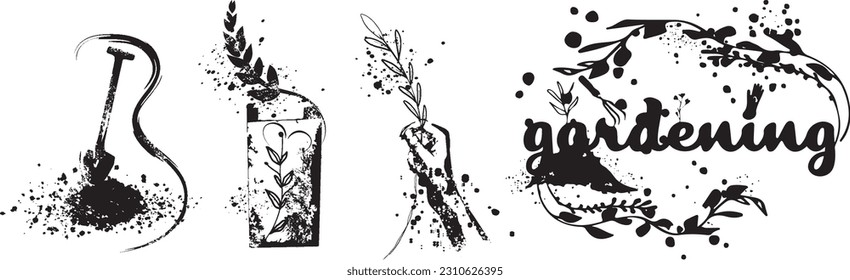 Gardening - Flower and gardening elements - extensive icon collection of outline symbols and vector illustrations. Grasses and plants with hatching and paint splashes. With leaves and organic shapes.