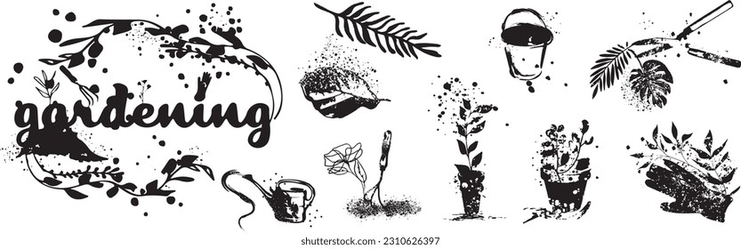 Gardening - Flower and gardening elements - extensive icon collection of outline symbols and vector illustrations. Grasses and plants with hatching and paint splashes. With leaves and organic shapes.