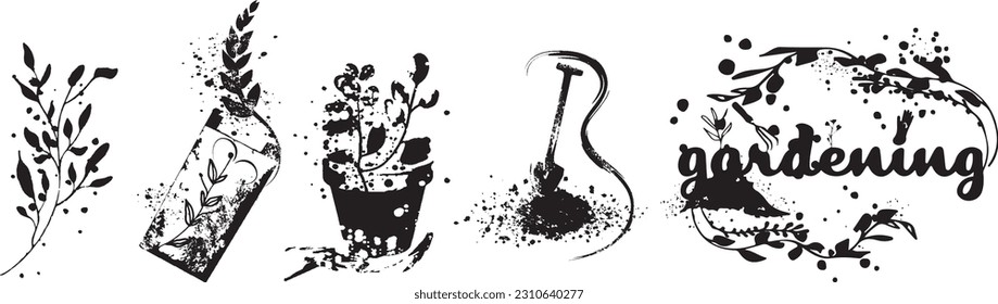 Gardening - Flower and gardening elements - extensive icon collection of outline symbols and vector illustrations. Grasses and plants with hatching and paint splashes. With leaves and organic shapes.