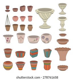 Gardening flowerpots. Pots for plants growing on window sills isolated on white