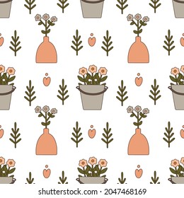 Flores de jardín con herramientas bonitas. Patrón veloz. Estilo de caricatura plano. 