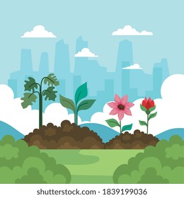 Gardening flowers and plants on earth and shrubs design, garden planting and nature theme Vector illustration