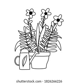 gardening, flowers in pot and watering can nature isolated line icon style vector illustration
