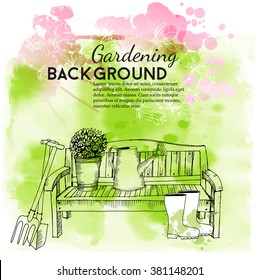 Gardening Flyer Design. Watercolor Vector Background 