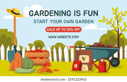 Gardening is fun banner. Scene with fresh vegetables, wooden crate of fruits, fertilizer bags, watering can and wheelbarrow. Rural landscape. Farming market sale concept. Flat vector illustration.