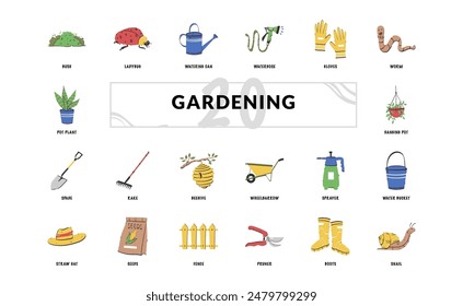 gardening garden botany horticulture nature handdrawn detailed doodle icon set