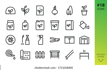 Gardening, garden buildings and tools icons set. Editable stoke vector icons.