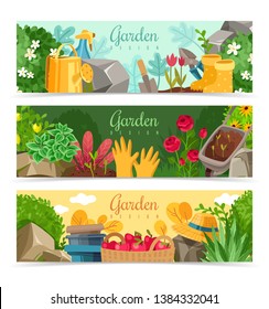 gardening and garden design horizontal banners with plants stones tools and other items. Vector