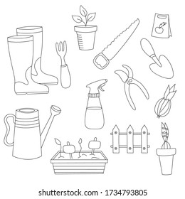 Gardening. Garden equipment. Icon set. Coloring pages for children, adults. Black and white vector illustration for coloring book.