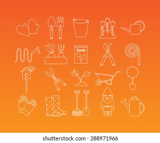 Gardening and garden equipment linear pictograms. Vector set of 20 icons in trendy mono line style