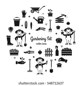 Gardening and garden equipment and tools black and white icons set in circle shape isolated on white background
