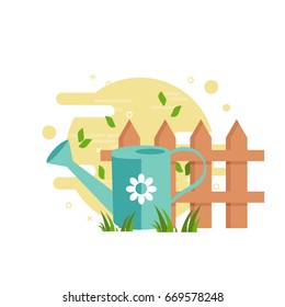 Gardening and garden tool concept. Watering can and fence flat vector illustration