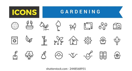 Gardening, Garden Tools And Buildings Icons Set, Set Of Power Tools, Greenhouse, Garden Chair, Tent, Bench, Lawnmower, Trimmer, Fence, Gate, Pool, Flowerpot Vector Icon, Vector Illustration