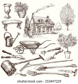 gardening, garden tools - hand drawn collection