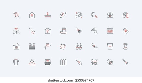 Gardening, garden tools for plant growing from seeds line icon set. Gardeners boots and hat, bucket, insect spray and herbicide, barn and fence thin black and red outline symbols vector illustration