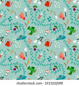 Gardening, garden tools seamless pattern. Hand drawing cute garden equipment icons background. Watering can, beetroot, hat, boots, gloves, fresh foods, seeds pack, leaves 