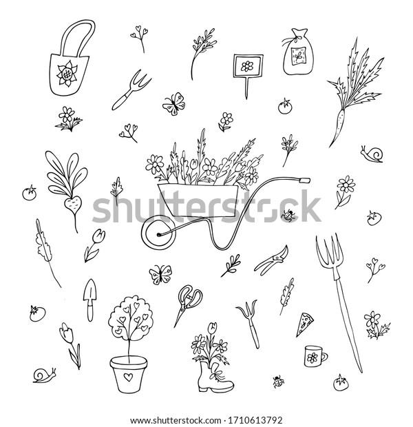 Gardening. Garden tools, seedlings, flowers,\
butterflies, ladybugs, snails. Spring set. Hand draw with a black\
line. Vector illustration. Decoration. Coloring. Isolated object on\
a white background.