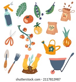 Gardening. Garden work elements tools, packs of seeds, vegetables. Concept of healthy eating, springtime gardening, farming. Vector illustrations in flat style.