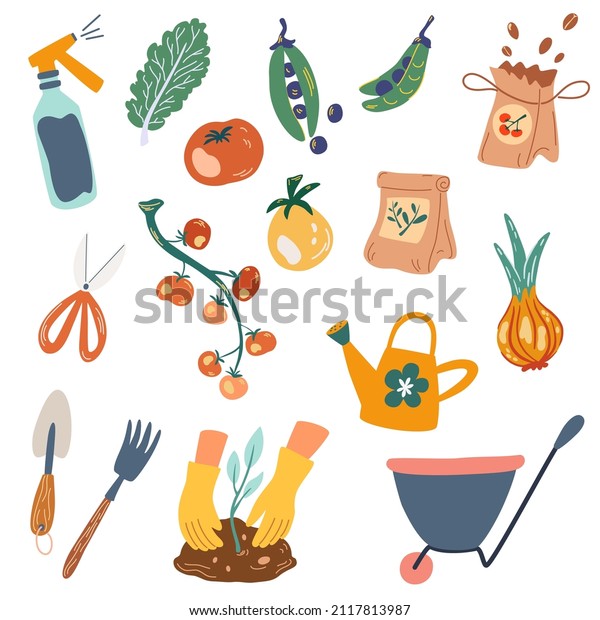Gardening. Garden work elements tools,\
packs of seeds, vegetables. Concept of healthy eating, springtime\
gardening, farming. Vector illustrations in flat\
style.