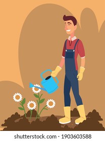 gardening, gardener watering can sunflowers cartoon vector illustration